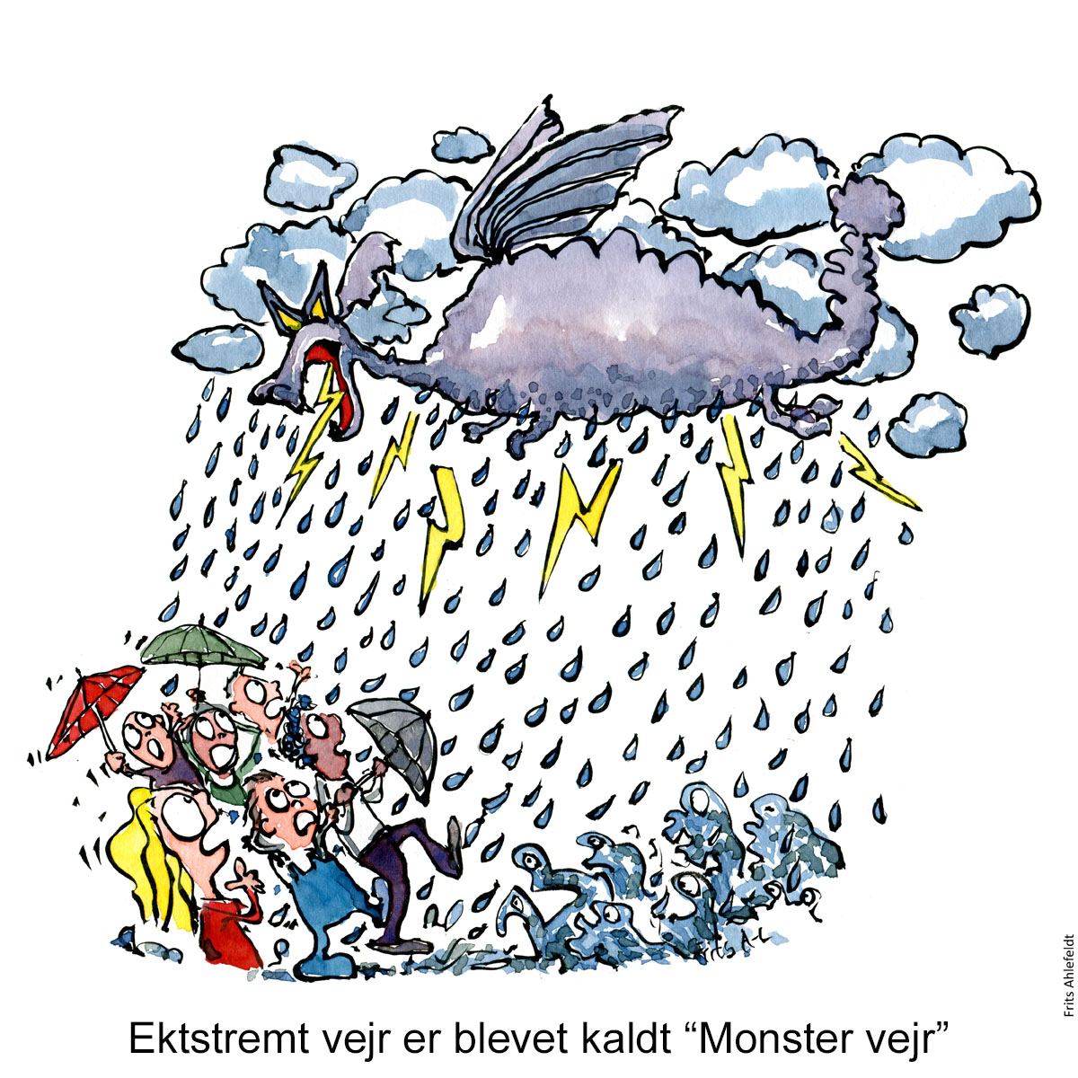 Tegning af drage, som ekstremt vejr - Klimaforandringer illustration af Frits Ahlefeldt