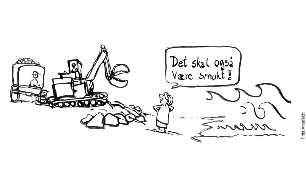 Sort-hvid version Tegning af en gravemaskine som laver kystsikring og en kvinde som står på stranden og siger "det skal også være smukt" Klimaforandringer illustration Frits Ahlefeldt