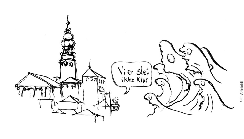 Sort hvid Tegning af store bølger foran en by og en mand der står på altan foran dem og siger "vi er slet ikke klar" Klimaforandringer illustration Frits Ahlefeldt