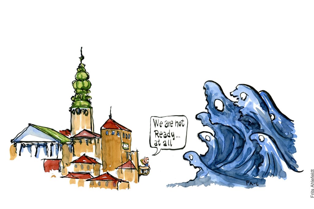 English version Tegning af store bølger foran en by og en mand der står på altan foran dem og siger "vi er slet ikke klar" Klimaforandringer illustration Frits Ahlefeldt