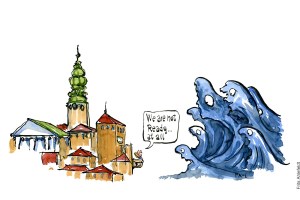 English version Tegning af store bølger foran en by og en mand der står på altan foran dem og siger "vi er slet ikke klar" Klimaforandringer illustration Frits Ahlefeldt