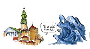 Tegning af store bølger foran en by og en mand der står på altan foran dem og siger "vi er slet ikke klar" Klimaforandringer illustration Frits Ahlefeldt