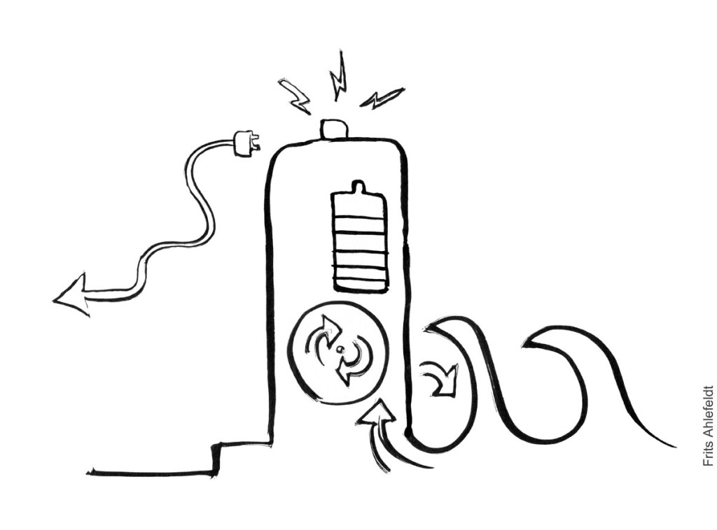 Sort-hvid Tegning af kystsikring der også laver strøm, udfra bølgeenergi Klimaforandringer illustration Frits Ahlefeldt