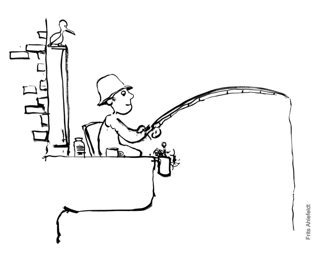 Sort-hvid Tegning af mand der fisker fra sin lejlighed Klimaforandringer illustration Frits Ahlefeldt