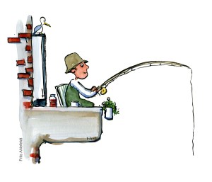 Tegning af mand der fisker fra sin lejlighed Klimaforandringer illustration Frits Ahlefeldt