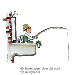 Tegning af mand der fisker fra sin lejlighed Klimaforandringer illustration Frits Ahlefeldt