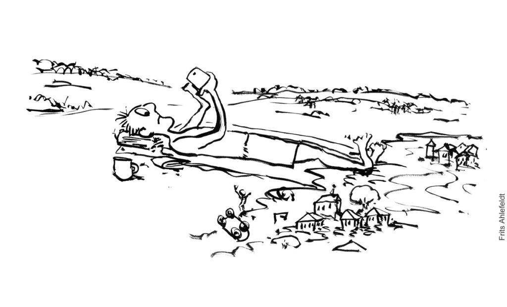 Sort-hvid Tegning af tourist mand der ligger på strand med telefon, mens en by er oversvømmet omkring ham. Klimaforandringer illustration Frits Ahlefeldt