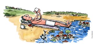Tegning af tourist mand der ligger på strand med telefon, mens en by er oversvømmet omkring ham. Klimaforandringer illustration Frits Ahlefeldt