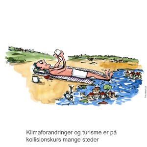 Tegning af tourist mand der ligger på strand med telefon, mens en by er oversvømmet omkring ham. Klimaforandringer illustration Frits Ahlefeldt