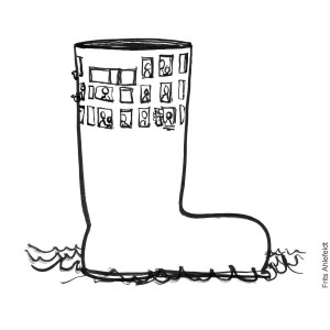 Sort-hvid Tegning af vandtæt hus lavet som en gummistøvle - Klimaforandringer illustration Frits Ahlefeldt