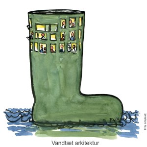Tegning af vandtæt hus lavet som en gummistøvle - Klimaforandringer illustration Frits Ahlefeldt