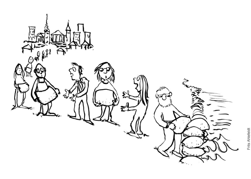 Sort-hvid tegning af gruppe mennesker som hjælper med at sætte sandsække op mod oversvømmelse. Klimaforandringer illustration Frits Ahlefeldt