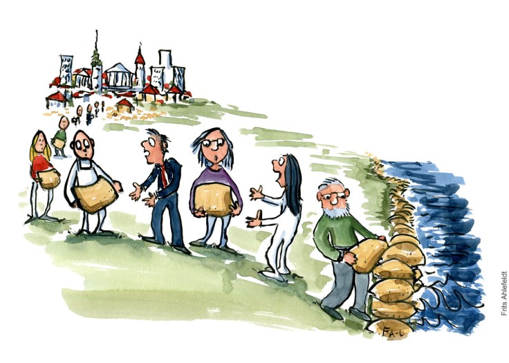 Tegning af gruppe mennesker som hjælper med at sætte sandsække op mod oversvømmelse. Klimaforandringer illustration Frits Ahlefeldt