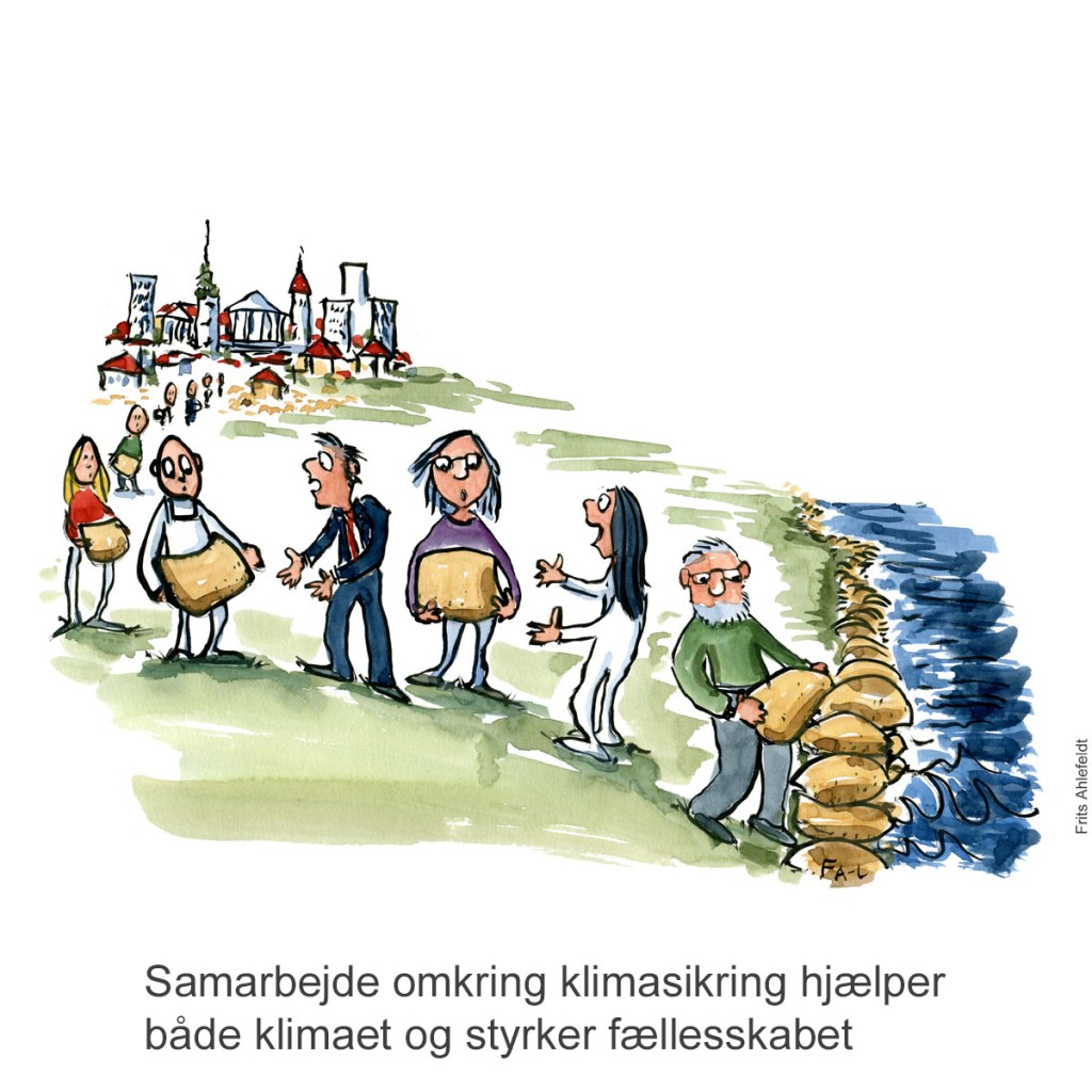Tegning af gruppe mennesker som hjælper med at sætte sandsække op mod oversvømmelse. Klimaforandringer illustration Frits Ahlefeldt