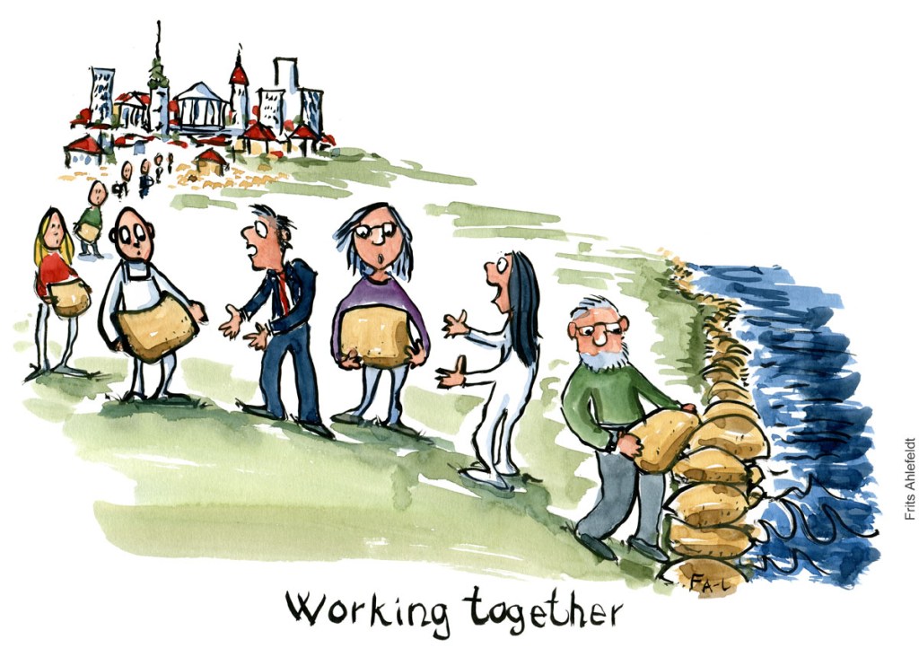Tegning af gruppe mennesker som hjælper med at sætte sandsække op mod oversvømmelse. Klimaforandringer illustration Frits Ahlefeldt