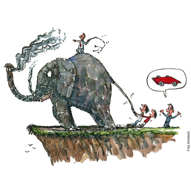 Tegning af en industriel elefant som er på vej udover en afgrund, men aktivister prøver at stoppe den - Klimaforandringer illustration af Frits Ahlefeldt
