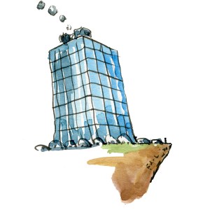 Tegning af byggeindustrien som co2 udleder Klimaforandringer illustration af Frits Ahlefeldt