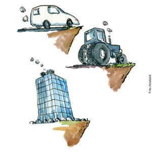 Tegning af bil, landbrug og byggeindustrien som co2 udleder Klimaforandringer illustration af Frits Ahlefeldt