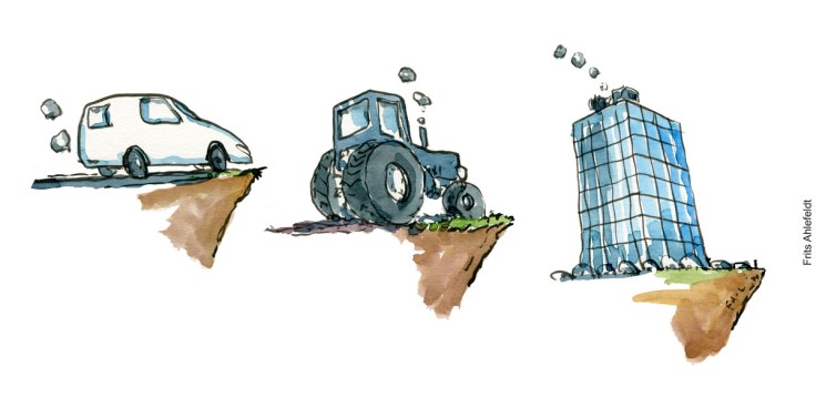 Tegning af bil, landbrug og byggeindustrien som co2 udleder Klimaforandringer illustration af Frits Ahlefeldt