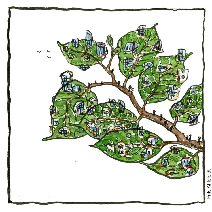 Tegning af en gren med små bygninger på bladene - Klimaforandringer illustration af Frits Ahlefeldt
