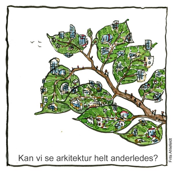 Tegning af en gren med små bygninger på bladene - Klimaforandringer illustration af Frits Ahlefeldt