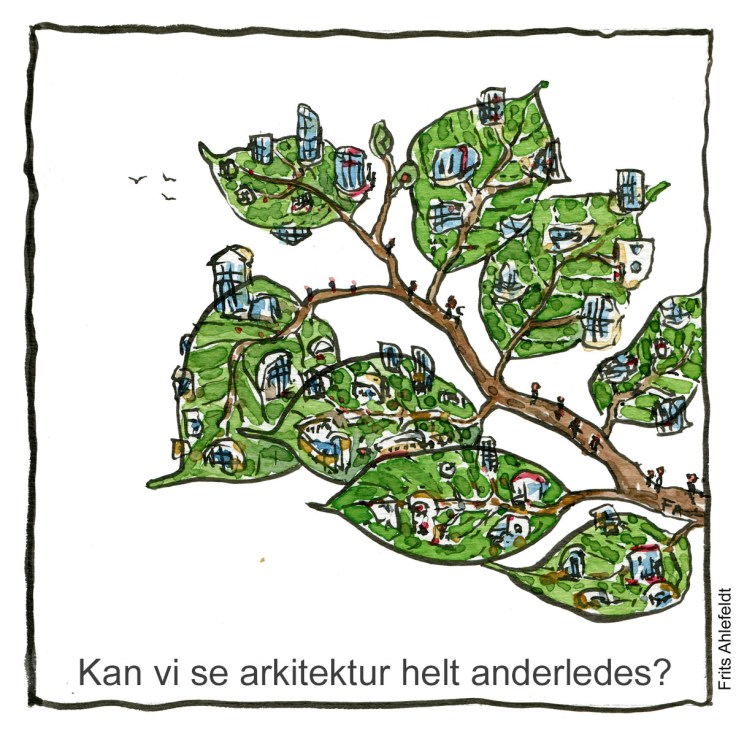 Tegning af en gren med små bygninger på bladene - Klimaforandringer illustration af Frits Ahlefeldt