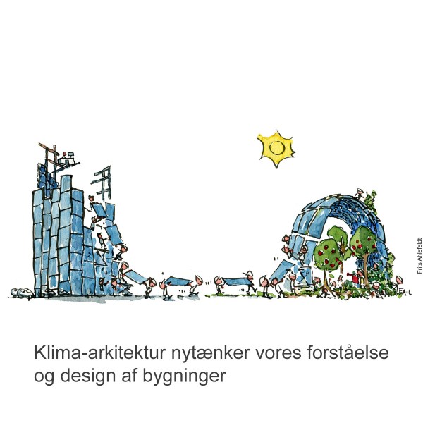 Tegning af en firkantet glasbygning som bliver demonteret og brugt til en biodiversitetsbygning med planter i - Klimaforandringer illustration af Frits Ahlefeldt