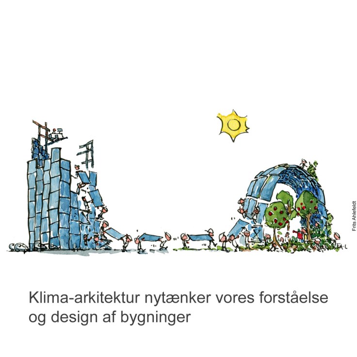 Tegning af en firkantet glasbygning som bliver demonteret og brugt til en biodiversitetsbygning med planter i - Klimaforandringer illustration af Frits Ahlefeldt