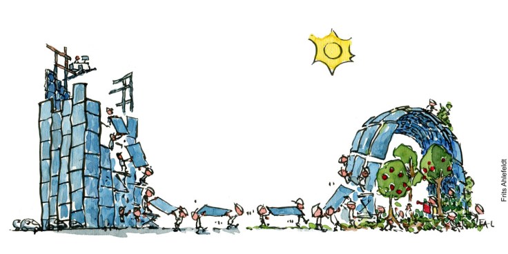 Tegning af en firkantet glasbygning som bliver demonteret og brugt til en biodiversitetsbygning med planter i - Klimaforandringer illustration af Frits Ahlefeldt