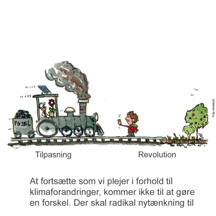 Tegning af et co2 tog som er på vej men bliver stoppet af en aktivist på sporet - Klimaforandringer illustration af Frits Ahlefeldt