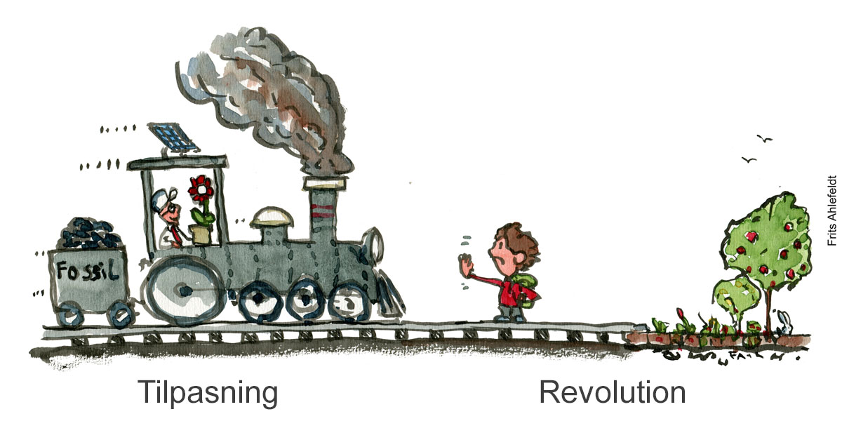 Tegning af et co2 tog som er på vej men bliver stoppet af en aktivist på sporet - Klimaforandringer illustration af Frits Ahlefeldt