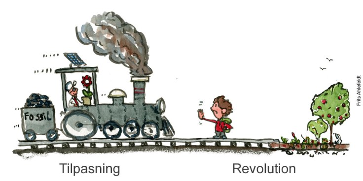 Tegning af et co2 tog som er på vej men bliver stoppet af en aktivist på sporet - Klimaforandringer illustration af Frits Ahlefeldt