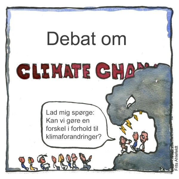 Tegning af klimadebat i munden af en uvejrssky - Klimaforandringer illustration af Frits Ahlefeldt