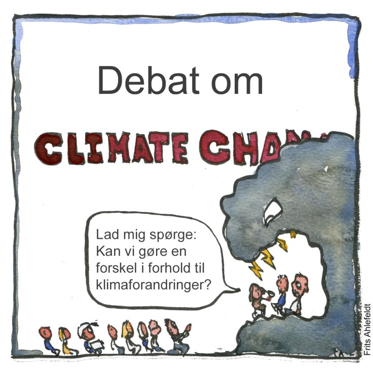 Tegning af klimadebat i munden af en uvejrssky - Klimaforandringer illustration af Frits Ahlefeldt