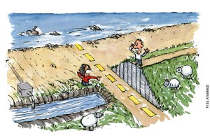 Tegning af konflikt mellem digetyper - havstigninger - klima Illustration af Frits Ahlefeldt