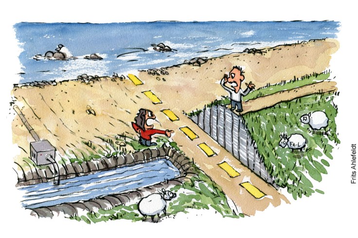 Tegning af konflikt mellem digetyper - havstigninger - klima Illustration af Frits Ahlefeldt