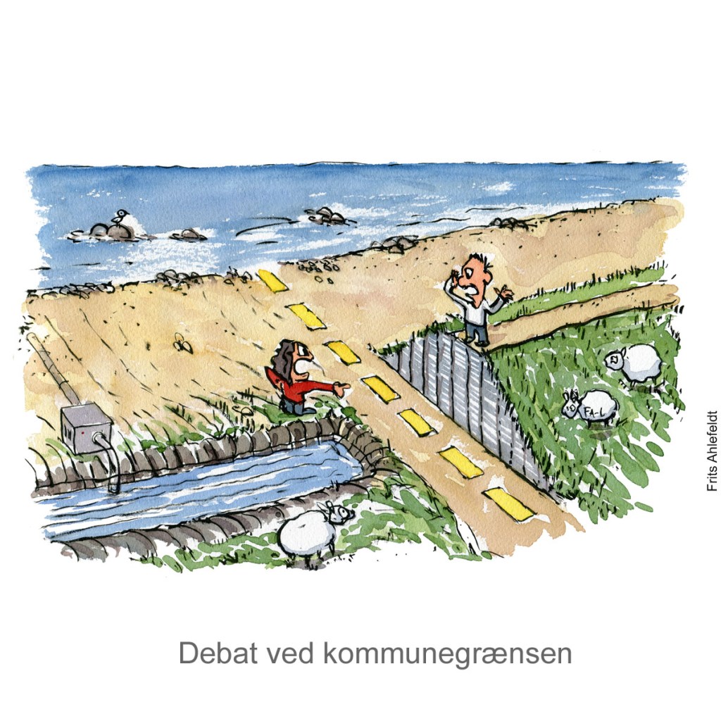 Tegning af konflikt mellem digetyper havstigninger - klima Illustration af Frits Ahlefeldt