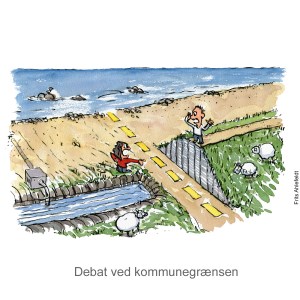 Tegning af konflikt mellem digetyper havstigninger - klima Illustration af Frits Ahlefeldt
