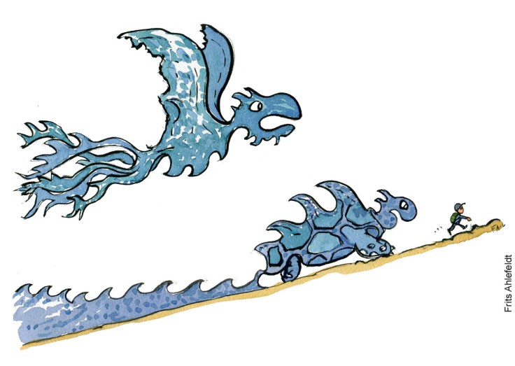 Tegning af stormflod, vs havstigninger, som fugl og skilpadde - havstigninger - klima Illustration af Frits Ahlefeldt