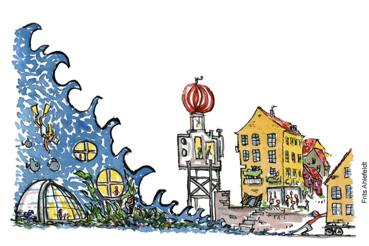Tegning af forskellige slags klima-arkitektur - havstigninger - klima Illustration af Frits Ahlefeldt