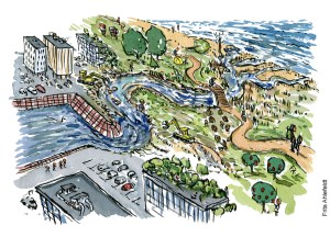 Tegning af byen møder havet ved vandløb - havstigninger - klima Illustration af Frits Ahlefeldt