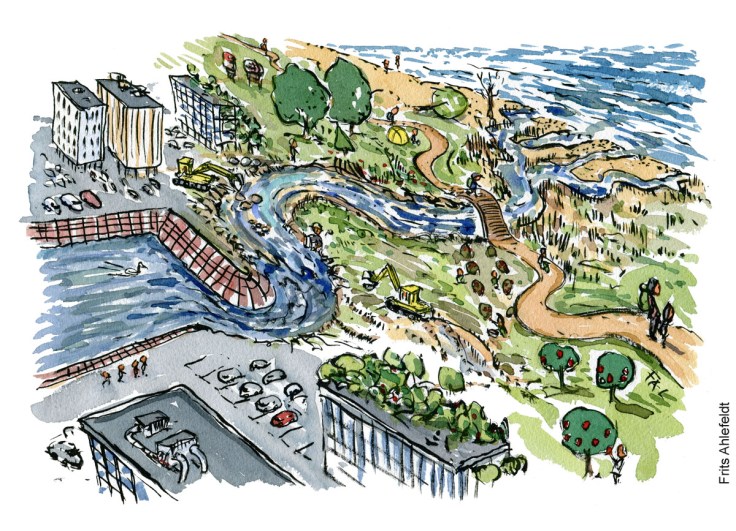 Tegning af byen møder havet ved vandløb - havstigninger - klima Illustration af Frits Ahlefeldt