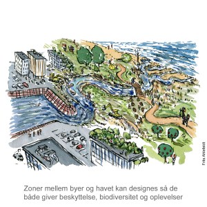 Tegning af byen møder havet ved vandløb - havstigninger - klima Illustration af Frits Ahlefeldt