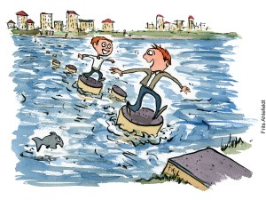 Tegning af klimasikring der også giver oplevelser, trædesten ved oversvømmelser og havstigninger - klima Illustration af Frits Ahlefeldt