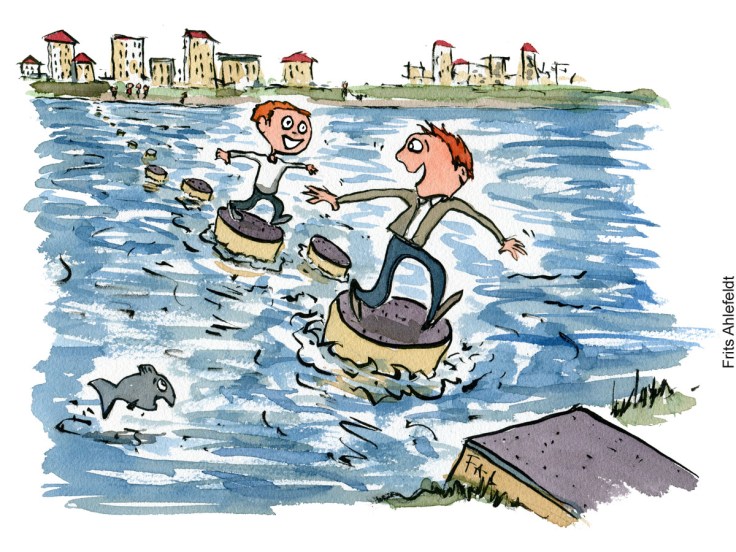 Tegning af klimasikring der også giver oplevelser, trædesten ved oversvømmelser og havstigninger - klima Illustration af Frits Ahlefeldt