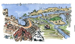 Beskyttelse mod havstigninger - diger, hårde og bløde klimabeskyttelsesløsninger, klima Illustration af Frits Ahlefeldt