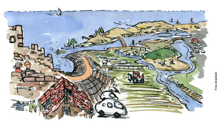 Beskyttelse mod havstigninger - diger, hårde og bløde klimabeskyttelsesløsninger, klima Illustration af Frits Ahlefeldt