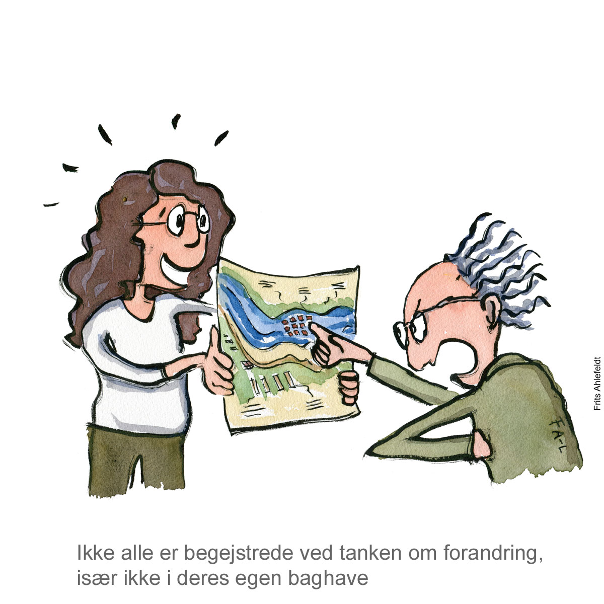 Tegning af utilfreds borger - havstigninger - klima Illustration af Frits Ahlefeldt