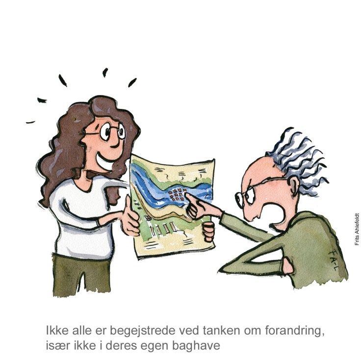 Tegning af utilfreds borger - havstigninger - klima Illustration af Frits Ahlefeldt