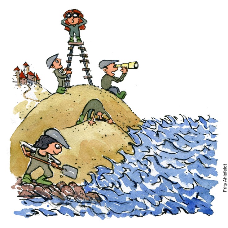 Tegning af tilgange til havstigninger - klima Illustration af Frits Ahlefeldt